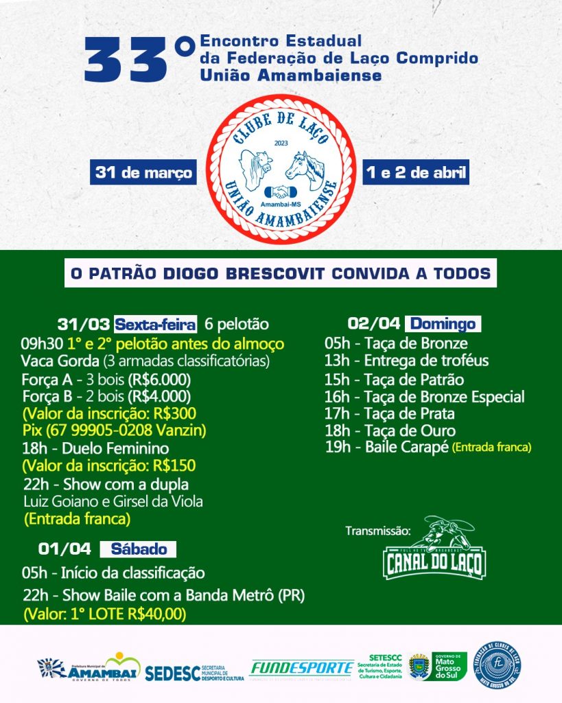 33° Encontro de Clube de Laços começa nesta sexta-feira (31) em Amambai 33° Encontro de Clube de Laços começa nesta sexta-feira (31) em Amambai