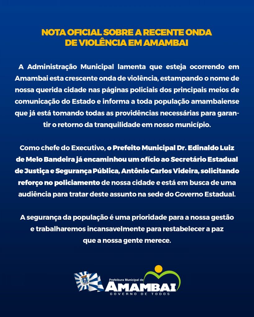 Diante da recente onda de violência em Amambai, prefeito Dr. Bandeira solicita reforço policial ao secretário estadual de Segurança Pública Diante da recente onda de violência em Amambai, prefeito Dr. Bandeira solicita reforço policial ao secretário estadual de Segurança Pública