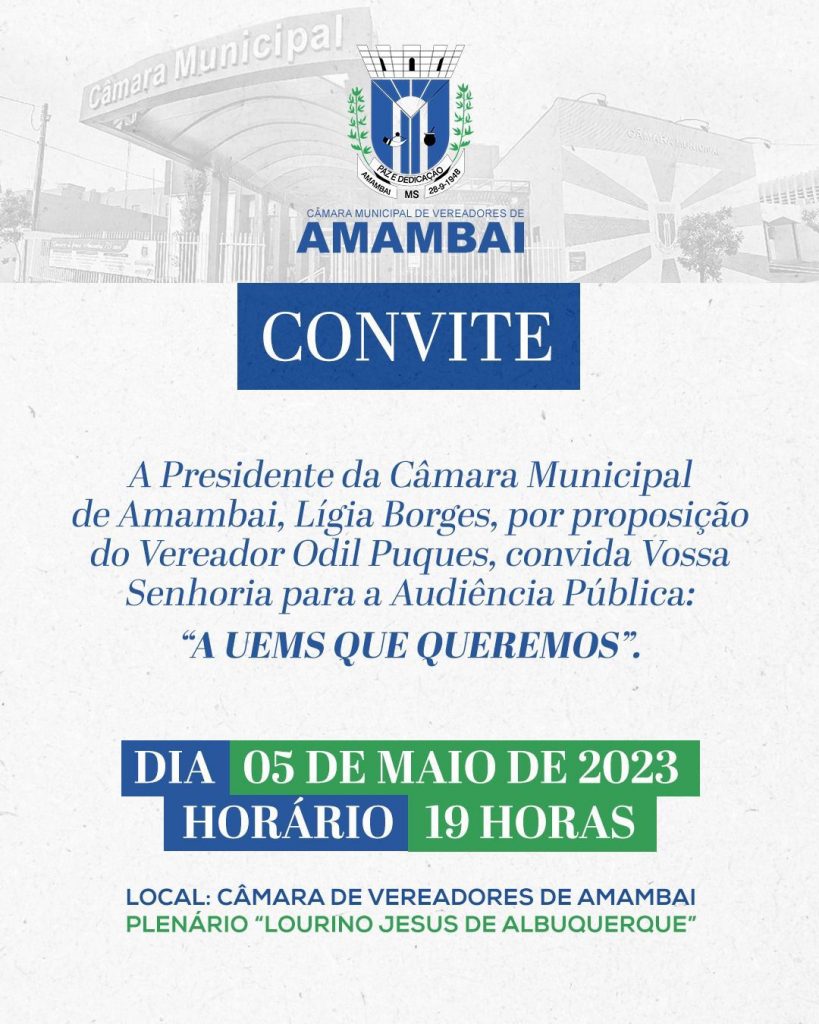 Câmara convida população para participar da Audiência Pública "A UEMS que queremos" nesta sexta-feira (05) Câmara convida população para participar da Audiência Pública "A UEMS que queremos" nesta sexta-feira (05)
