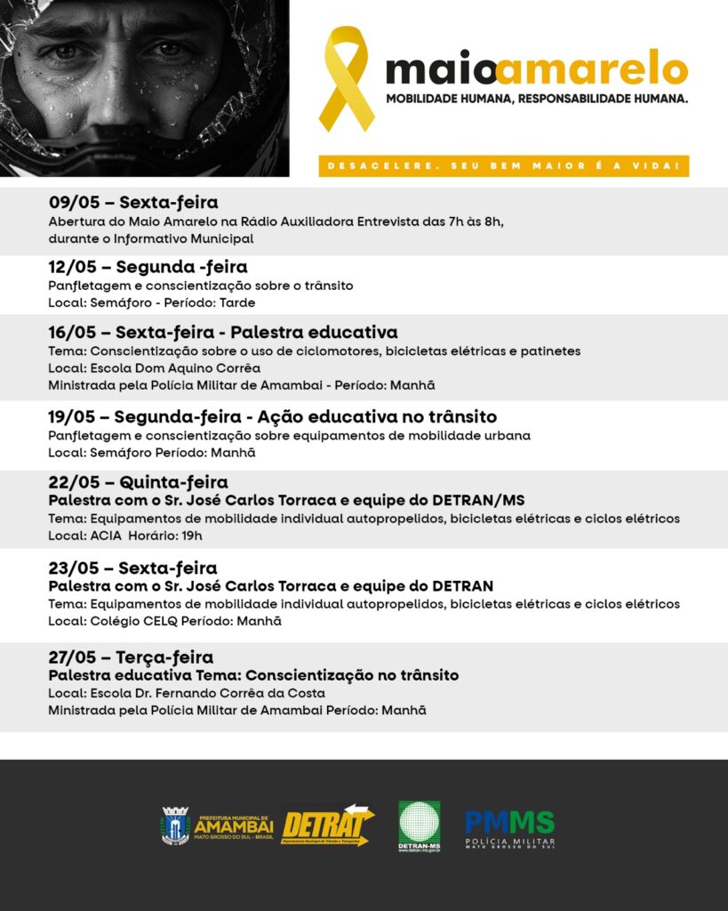 Prefeitura de Amambai promove programação especial do Maio Amarelo com foco em ciclomotores e mobilidade urbana Prefeitura de Amambai promove programação especial do Maio Amarelo com foco em ciclomotores e mobilidade urbana