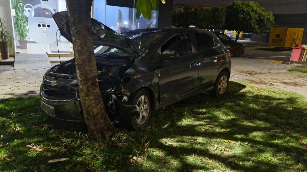 Condutora perdeu o controle da direção e colidiu com uma árvore. Foto: Raquel Fernandes/Amambai Notícias