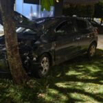 Condutora perdeu o controle da direção e colidiu com uma árvore. Foto: Raquel Fernandes/Amambai Notícias