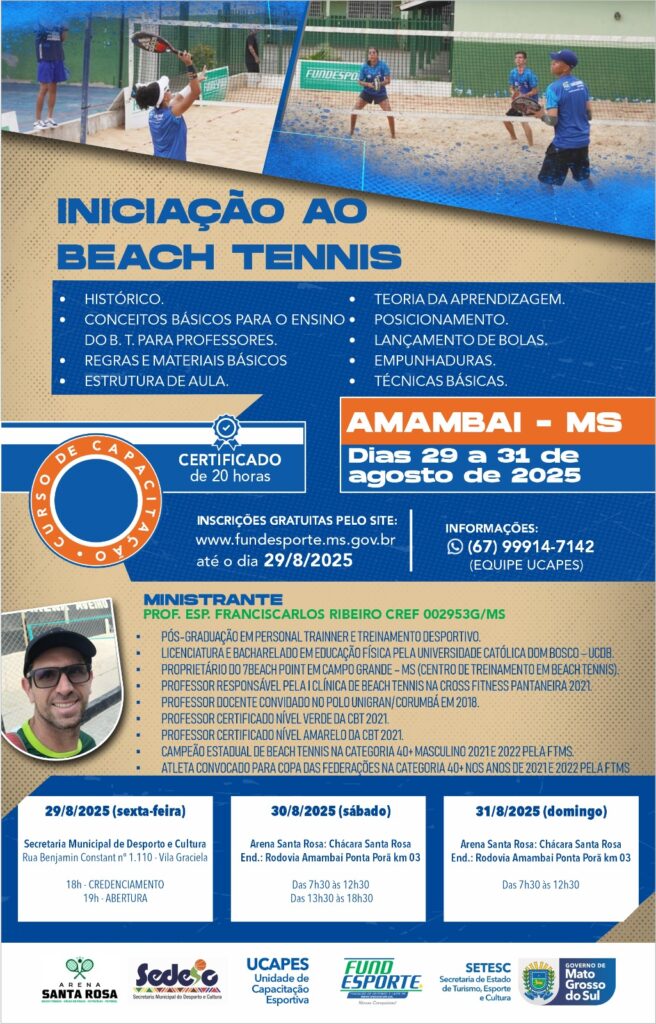 Capacitação gratuita em Beach Tennis começa nesta sexta-feira (29) em Amambai Capacitação gratuita em Beach Tennis começa nesta sexta-feira (29) em Amambai
