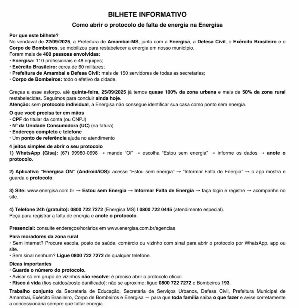 Prefeitura de Amambai orienta população sobre abertura de protocolos de falta de energia Prefeitura de Amambai orienta população sobre abertura de protocolos de falta de energia