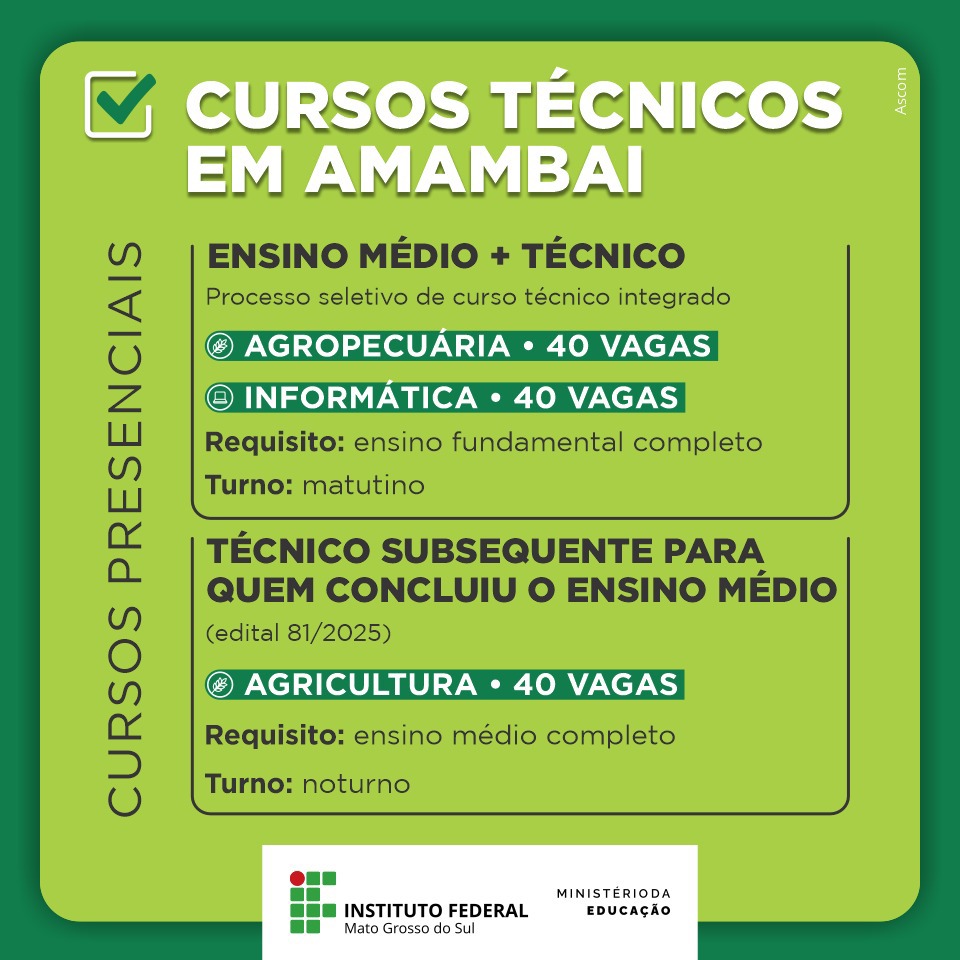 IFMS abre inscrições para cursos técnicos gratuitos em Amambai