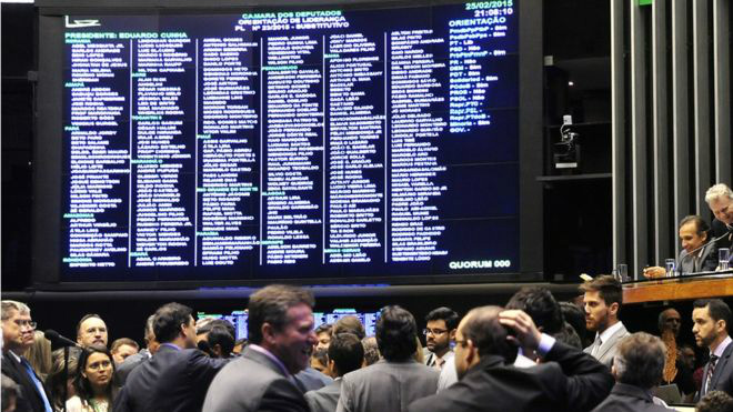 Brasil lidera índice internacional em número de partidos - o que isso significa Painel eletrônico da Câmara, em foto de 2015; país tem Congresso hiperfragmentado por conta do alto número de partidos