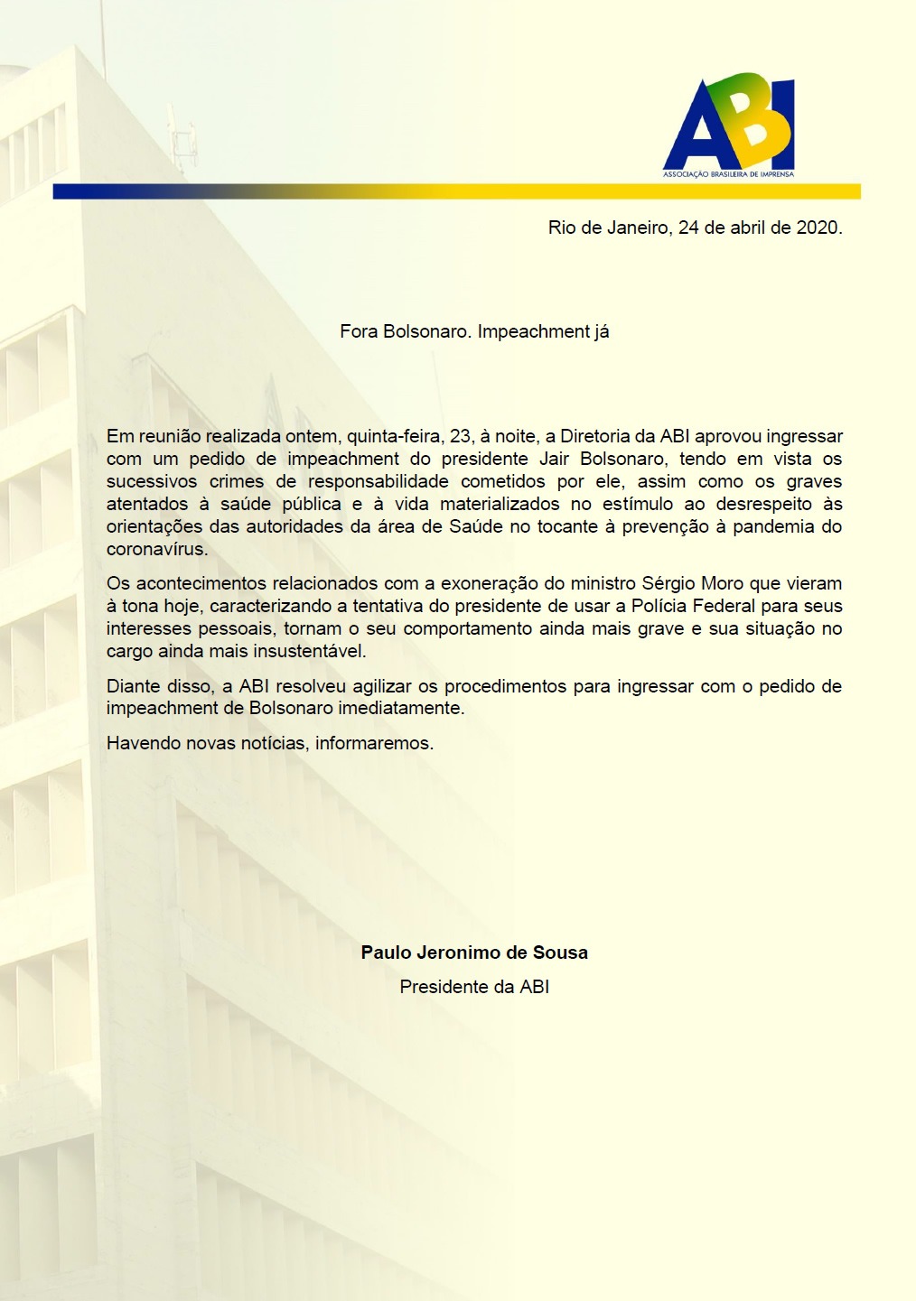 ABI pede impeachment de Jair Bolsonaro