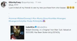 Roupa do Homem de Ferro, usada por Robert Downey Jr, é roubada Roupa do Homem de Ferro, usada por Robert Downey Jr, é roubada