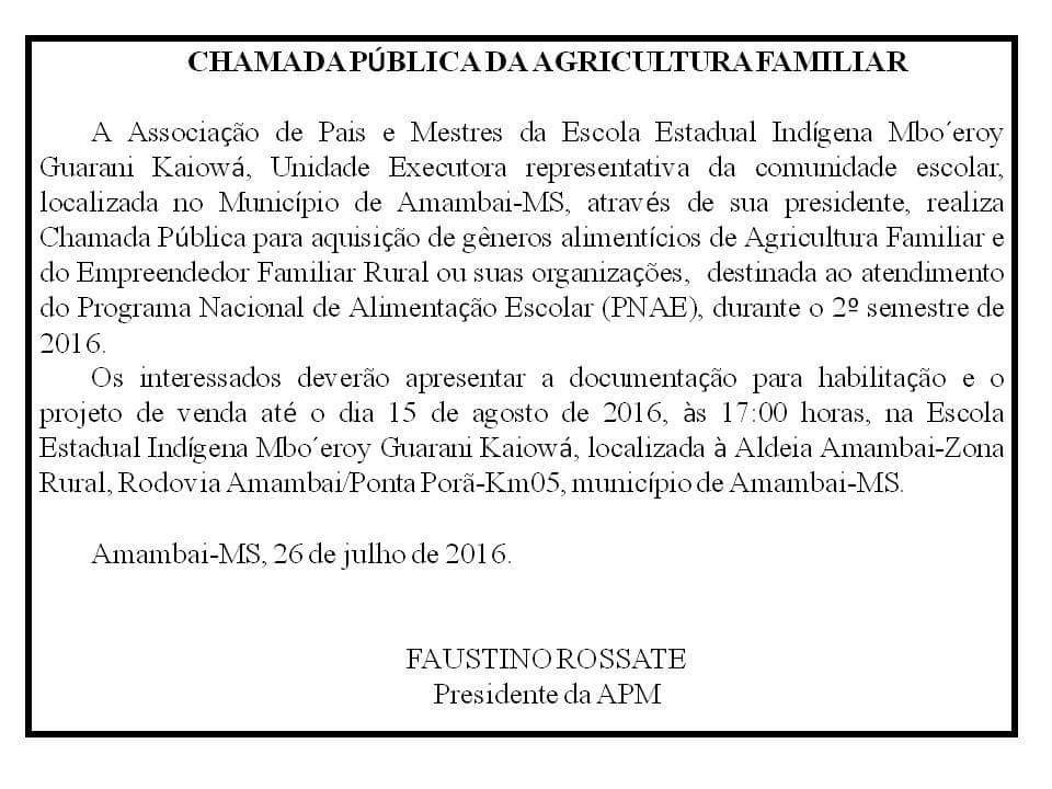 Escola M'boeroy Guarani Kaiowá divulga chamada pública para aquisição de merenda