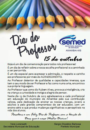 Mensagem da Prefeitura de Amambai e da Semed alusiva ao Dia do Professor