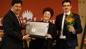 Os ministros Mendonça Filho, da Educação, e Sérgio Sá Leitão, da Cultura, e Célia Portela / Foto: Tânia Rêgo