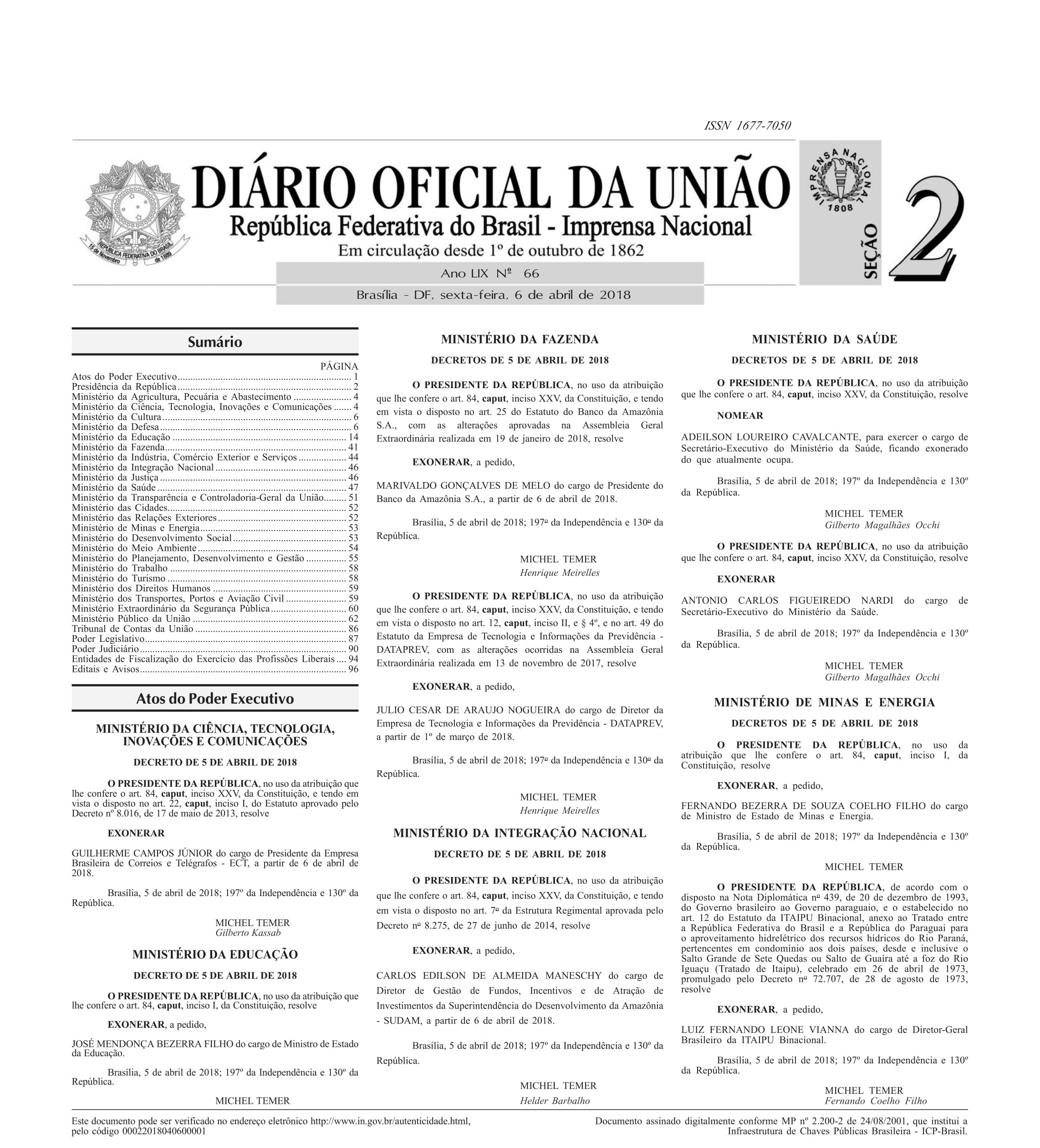 Diário Oficial publica exoneração de ministros que serão candidatos