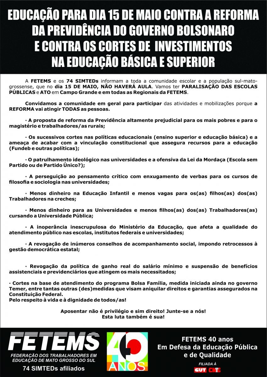 Fetems anuncia paralisação no dia 15 de maio