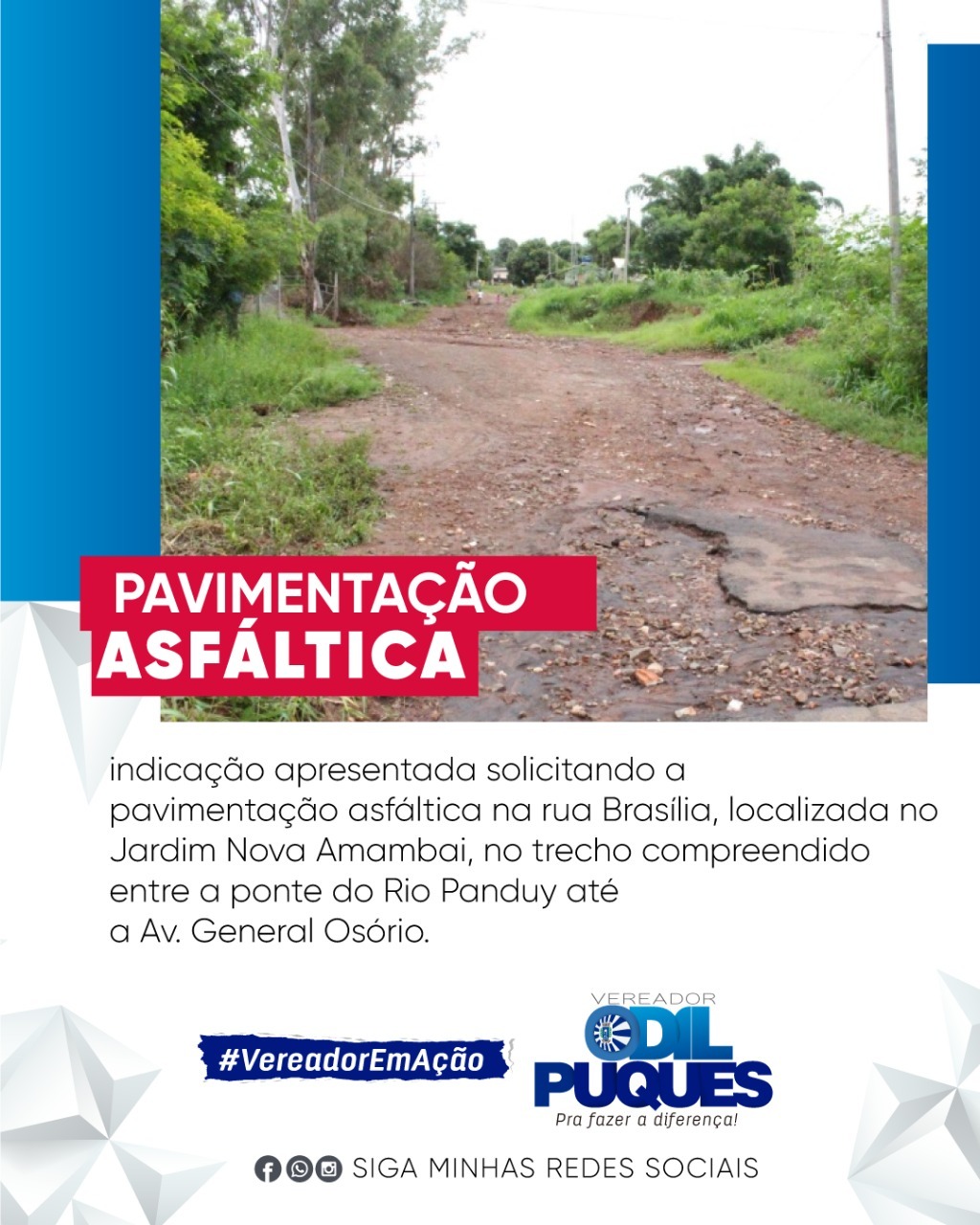 Vereador Odil pede asfalto no Jardim Nova Amambai