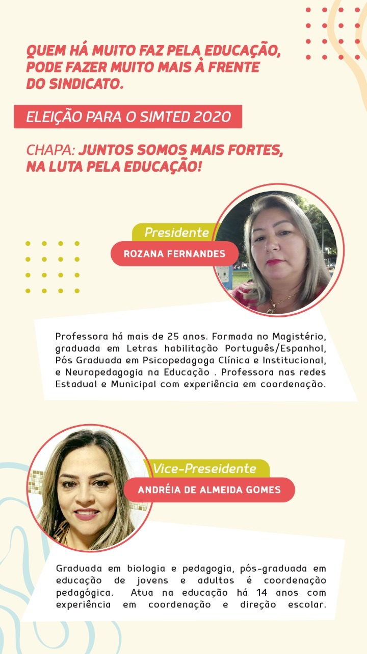 Resumo dos currículos das candidatas à presidência e vice-presidência do Simted pela Chapa 2 / Foto: Reprodução