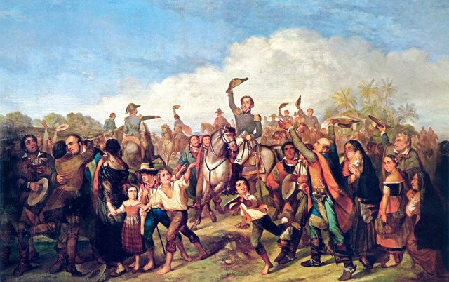 No quadro A Independência do Brasil, de 1844, o francês François-René Moreau retrata o famoso gesto simbólico de D. Pedro I. (Imagem: Wikimedia Commons)