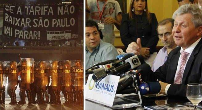 Enquanto SP pega fogo, Manaus barateia ônibus No dia seguinte a protestos em oito capitais contra o reajuste de tarifas de transporte público, com destaque para os distúrbios em São Paulo, o prefeito de Manaus, Arthur Virgílio Neto (PSDB), anuncia redução da tarifa de ônibus de R$ 3,00 para R$ 2,90