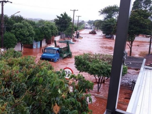 Tromba d’água de 200 mm provoca estragos em cidade do sul de MS Bairro de Itaporã alagado na saída para o distrito de Montese; chuva continua na região (Foto: Direto das Ruas)