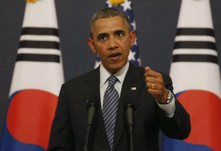O presidente dos Estados Unidos, Barack Obama, concede entrevista junto a presidente da Coréia do Sul Park Geun-hye, nesta sexta-feira, em Seoul. 25/04/2014 