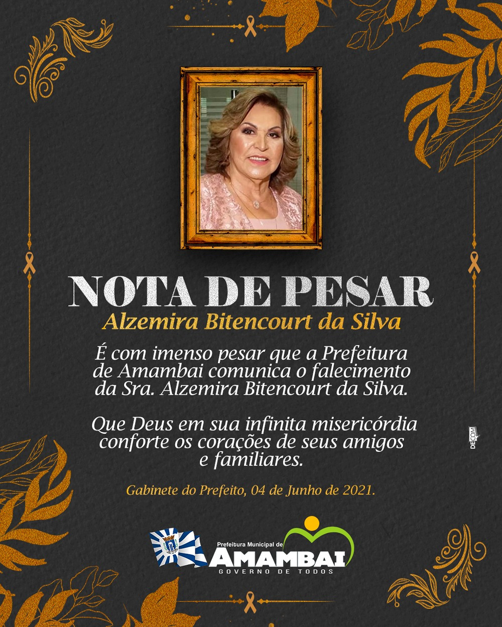 Prefeitura emite nota de pesar pelo falecimento de Alzemira Bitencourt da Silva Foto: Decom/ Prefeitura de Amambai