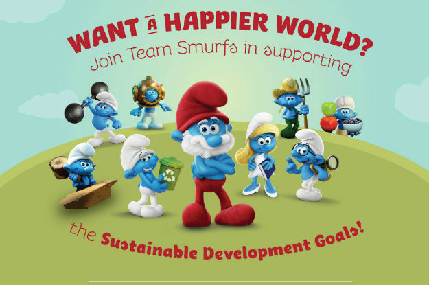Smurfs se juntam à ONU em busca de um mundo mais alegre Imagem da campanha dos Smurfs e da ONU, promovendo os Objetivos de Desenvolvimento Sustentável / Foto: Divulgação