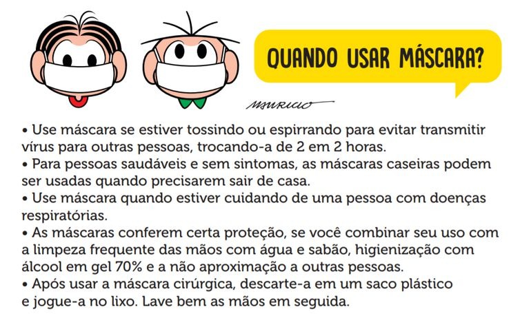 Turma da Mônica lança cartilha sobre o uso de máscaras Cartilha elaborada pelo estúdio Maurício de Sousa ensina hábitos de higiene e de prevenção contra o novo coronavírus. - Maurício de Sousa/Direitos reservados