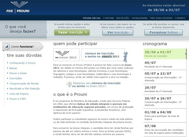 Inscrições no site do Prouni foram abertas nesta quinta-feira (28) (Foto: Reprodução)