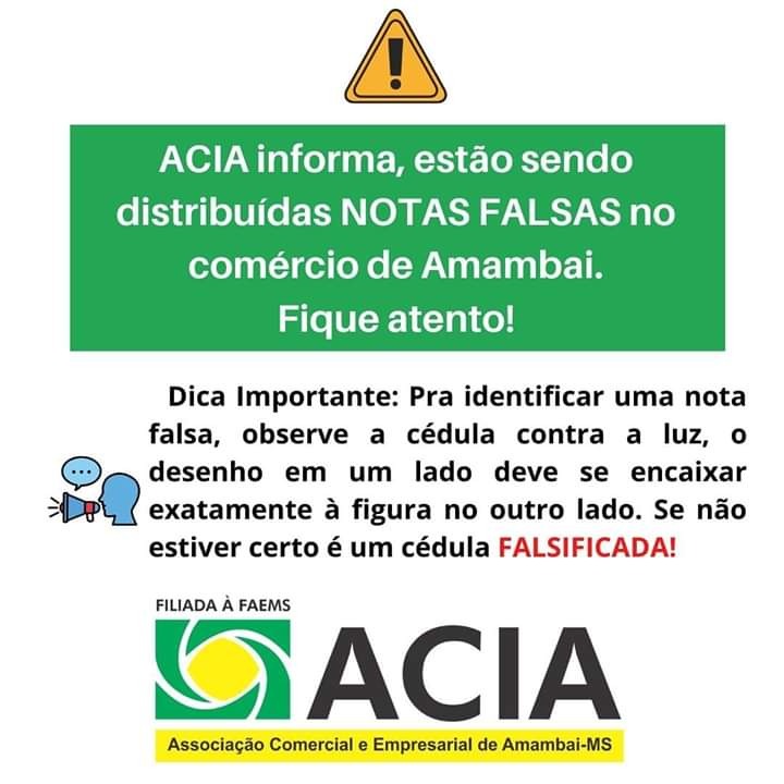 Acia de Amambai alerta sobre a circulação de dinheiro falso no município Foto: Acia