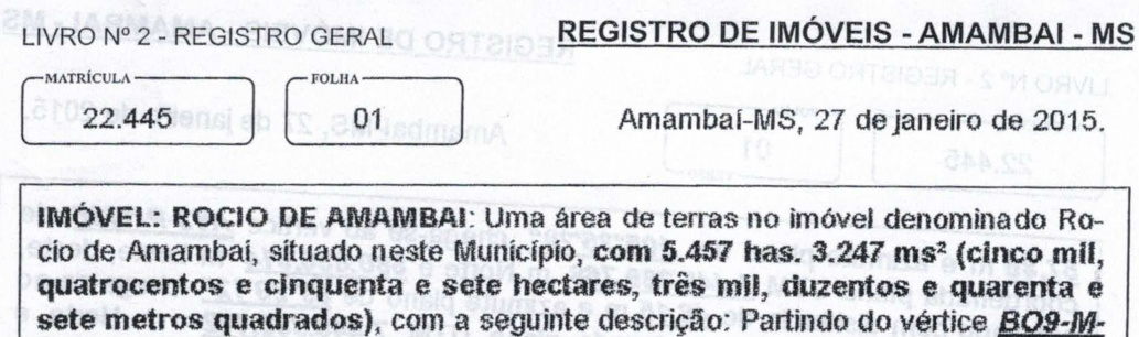 Fragmento do documento de registro, que atesta a criação do perímetro do Município de Amambai / Foto: Decom