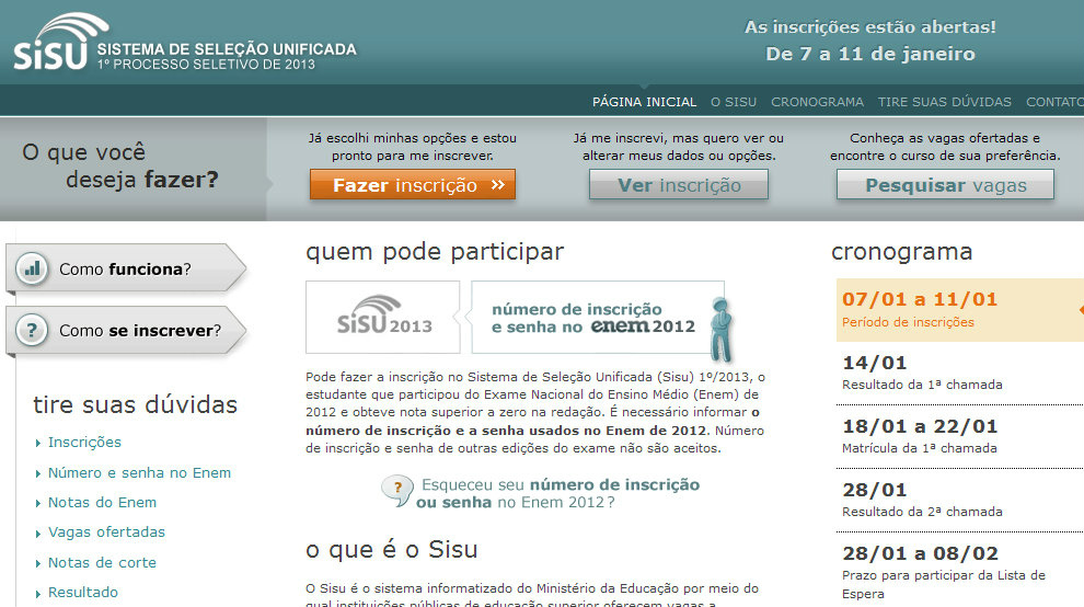 Inscrições para o Sisu 2013 começam hoje