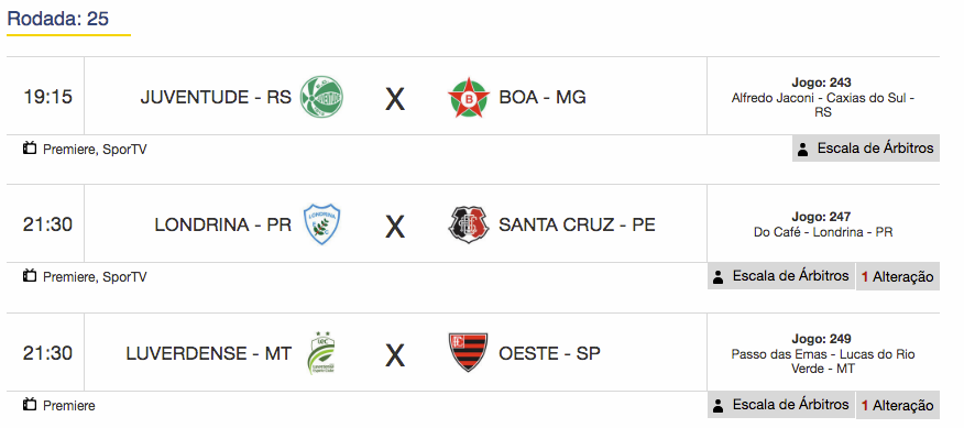 Jogos de hoje - Brasileiro Série B - 25ª Rodada