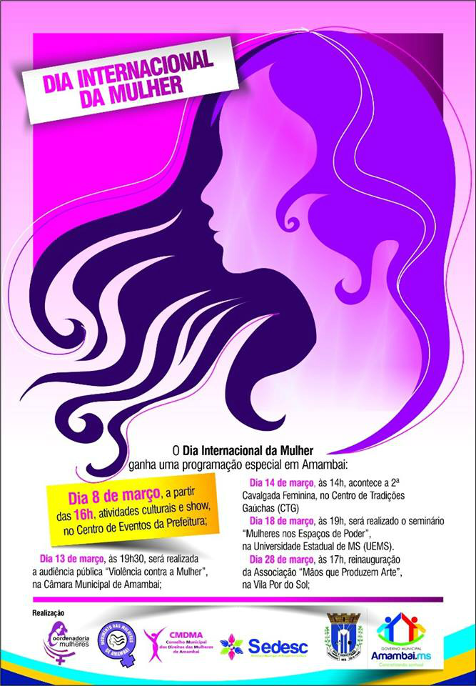 Cartaz alusivo ao Dia da Mulher divulgando programação  da  Coordenadoria de Políticas Públicas para as Mulheres.