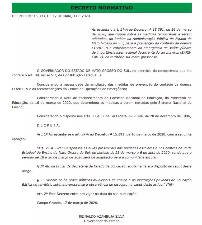 Escolas estaduais têm aulas suspensas por 15 dias, a partir de 23 de março