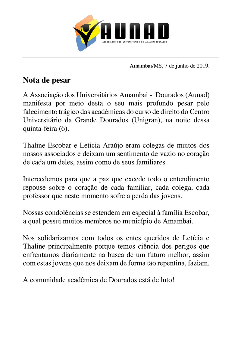 Aunad emite nota de pesar pela morte das duas jovens em acidente na MS-157 Aunad emite nota de pesar pela morte das duas jovens em acidente na MS-157