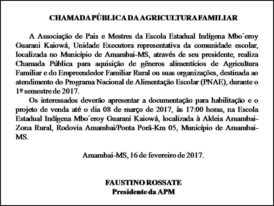 Chamada Pública da Agricultura Familiar da EE Mbo'eroy Guarani Kaiowá