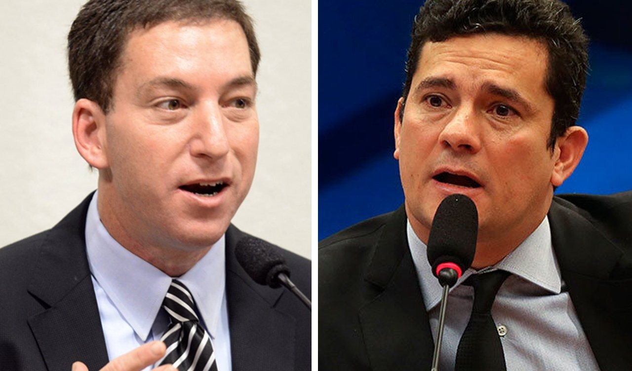 E/D - Jornalista Glenn Greenwald e o Ministro Sérgio Moro / Foto: Brasil 247