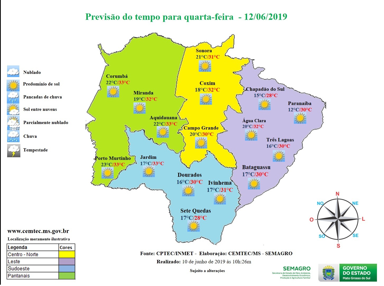 Cemtec prevê quarta-feira sem chuva e com temperatura agradável em MS Cemtec prevê quarta-feira sem chuva e com temperatura agradável em MS