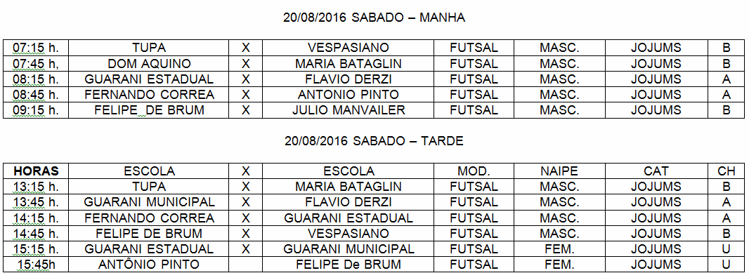 Veja a tabela deste sábado (20) dos Jogos Intercolegiais em Amambai