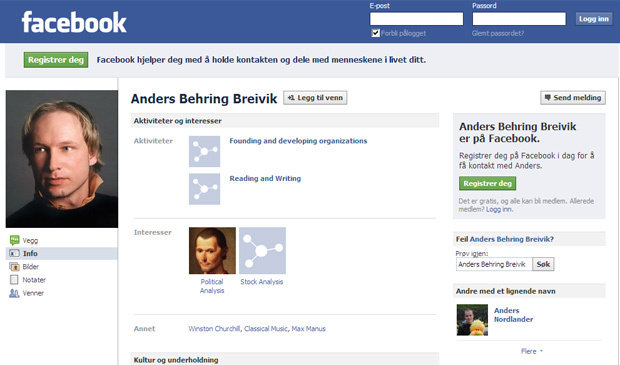 Página do perfil na página de relacionamentos Facebook de Anders Behring Breivik, norueguês acusado de ser o autor de matança em Oslo (Foto: Reprodução)