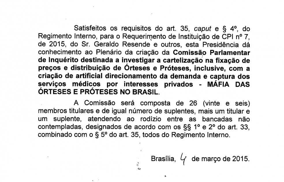Criada CPI que vai investigar “Máfia das Órteses e Próteses” Ato da Presidência da Câmara, que cria a CPI que vai investigar “Máfia das Órteses e Próteses no Brasil” / Foto: Divulgação