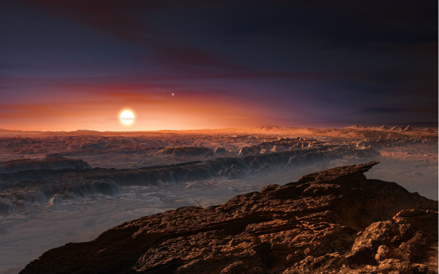 lustração mostra como pode ser a superfície do planeta Proxima b, que orbita a estrela 