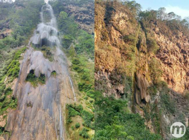 Avanço da soja e milho pode ter relação com 'sumiço' da maior cachoeira de MS Foto à esquerda mostra cachoeira de manhã. A tarde, no entanto, ela seca / Foto: Divulgação