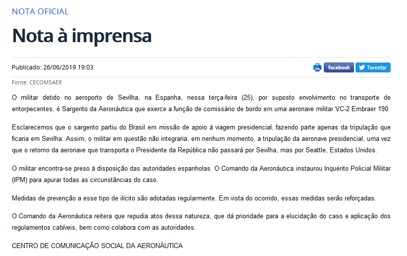 Aeronáutica abre inquérito para apurar caso de drogas em avião da FAB Aeronáutica abre inquérito para apurar caso de drogas em avião da FAB