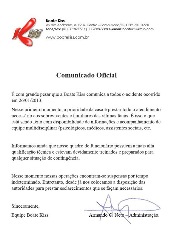 Boate Kiss divulga nota de pesar e diz que funcionários estavam preparados Boate Kiss divulga nota de pesar e diz que funcionários estavam preparados