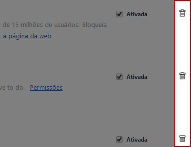 Remova as extensões clicando no ícone da lixeira, ao lado de cada uma delas.