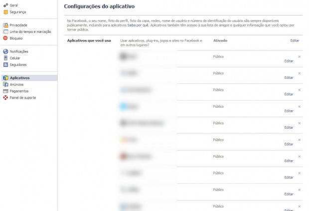 Tela de Aplicativos do Facebook