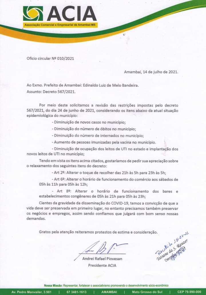Ofício foi protocolado junto ao Executivo Municipal / Foto: ACIA