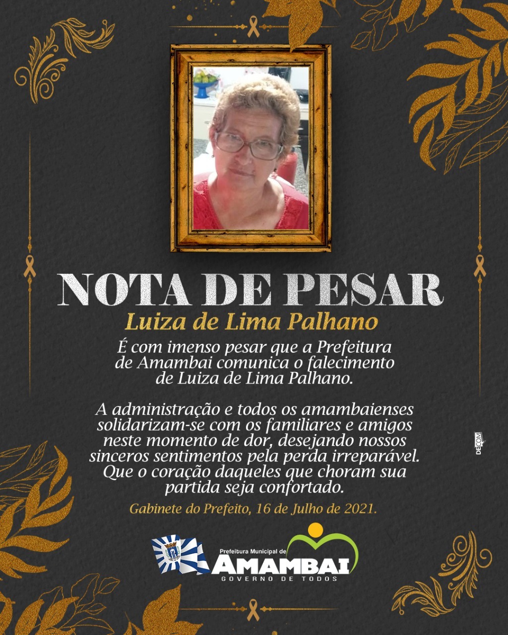 Prefeitura de Amambai emite nota de pesar pelo falecimento de Luiza Palhano Foto: Decom/ Prefeitura de Amambai