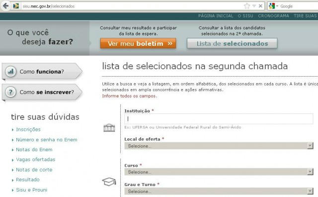 Sisu divulga hoje lista de aprovados em segunda chamada