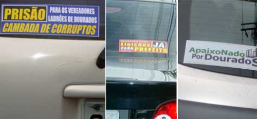 Crise política em Dourados revela lado criativo de motoristas que produzem seus próprios adesivos Crise política em Dourados revela lado criativo de motoristas que produzem seus próprios adesivos